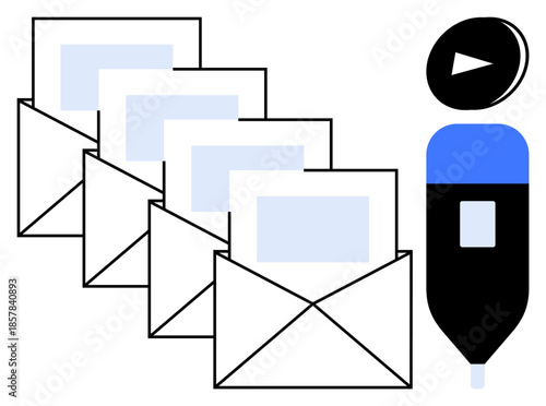 Email marketing, digital messaging, communication tools, video content, multimedia sharing, online correspondence. Rows of envelopes and a play button icon. Email marketing and video content concept