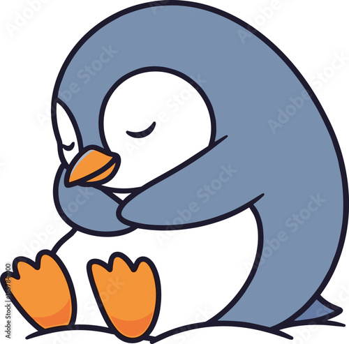 Cute sleeping baby penguin cartoon hugging knees in winter snow, adorable arctic bird vector illustration on white background