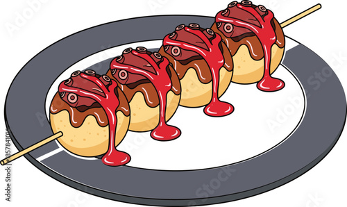 Delicious Japanese takoyaki street food illustration on plate with skewered octopus balls and savory sauce, traditional Asian snack art