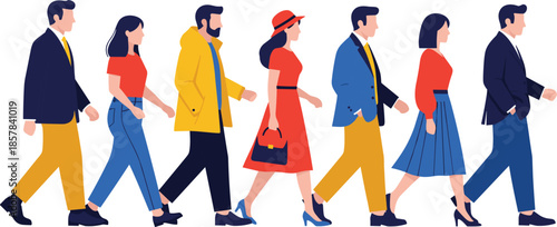 Diverse group of modern people walking forward in city street, business and casual lifestyle characters, flat illustration design