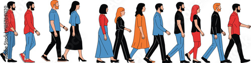 Diverse group of men and women walking in line, side view urban crowd illustration showing modern lifestyle and movement