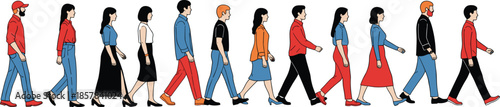 Diverse group of modern people walking forward in side view, casual fashion characters illustration for lifestyle, community, urban crowd concept