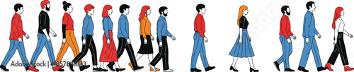 Diverse group of modern people walking forward in side view, casual urban crowd illustration for lifestyle, community and society concept
