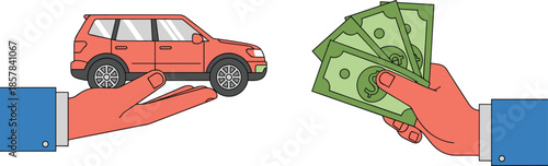 Hand holding red car exchanging vehicle for cash payment, car selling and buying transaction illustration for automotive market