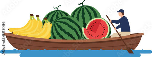 Man rowing wooden boat loaded with bananas and watermelons on river, traditional fruit market transportation vector illustration