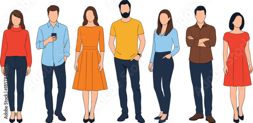 Modern people characters in casual clothing standing in various poses, men and women fashion illustration set on white background
