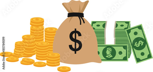 Money bag with dollar symbol surrounded by gold coins and cash bills, financial wealth, savings and investment concept illustration