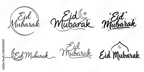 Eid Mubarak Hand Drawn Typography Logo Set with Crescent Moon Islamic Design, Fully editable vector artwork, scalable without quality loss, suitable for both digital and print use