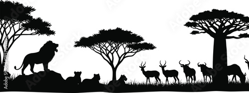 Majestic african wildlife silhouette lion antelopes and trees in harmony