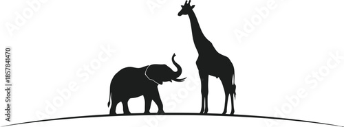 Silhouette of giraffe and elephant standing on horizon line in black silhouette style