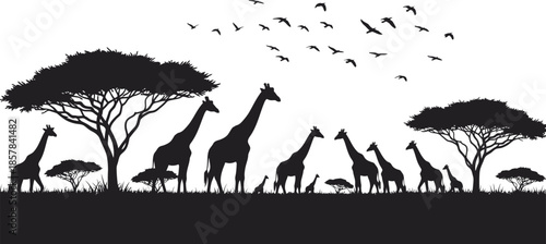 Silhouette of giraffes and trees with birds flying in the african savannah landscape