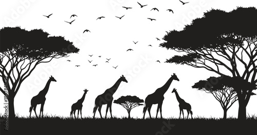 Silhouette of giraffes and trees with birds in flight wildlife scene