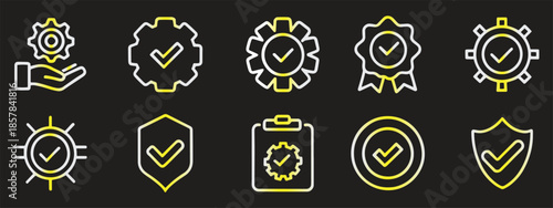 A comprehensive collection of quality control and assurance outline icons with checkmarks