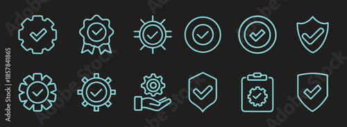 Verified quality and security assurance line icons set for system and process confirmation