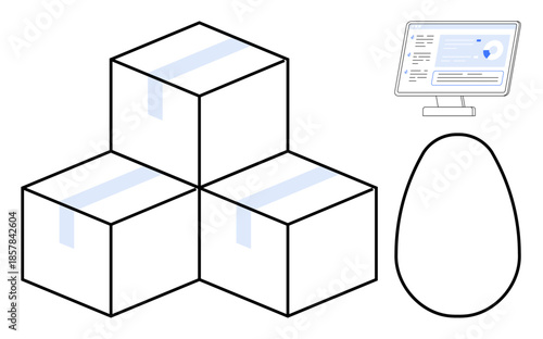 Delivery systems, e-commerce, data storage, tracking tools, digital interfaces, online retail. Three stacked boxes, a digital screen and an abstract egg shape. Delivery systems and e-commerce