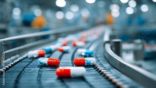 Medicine on a conveyor belt, production of drugs, manufacturing facility, injectors, vials, flasks. Epinephrine, antihistamine, allergy, antivirus, antibiotic medication. Line with pills, glass bottle