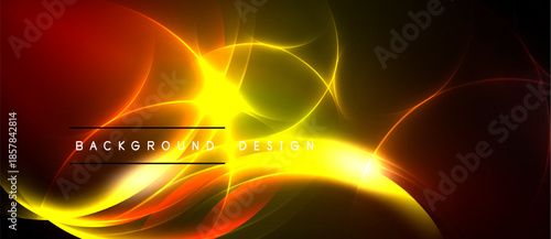 Abstract vibrant design features flowing golden lines, red hues, dark background. Dynamic energy radiates from central light source.