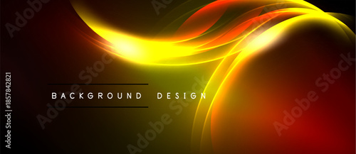 Abstract vibrant waves, golden hues, dark background. Dynamic flow, modern design, energy radiates from central point. Text reads background design.
