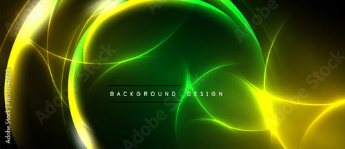 Abstract neon glow. Dynamic curves, vibrant green, yellow hues create futuristic visual effect. Dark background emphasizes luminosity.