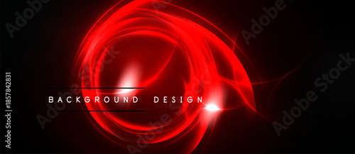 Bright red swirls illuminate dark background. Text reads background design. Dynamic energy radiates from central point.