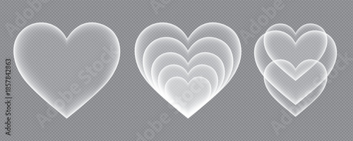 Set of Three Glowing White Neon Hearts with Transparent Glass Blur Effect, Modern Romantic Love Symbols for Valentine's Day Design Elements