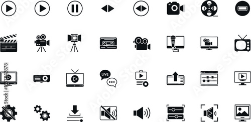A collection of black and white media related icons and symbols