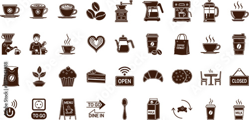 A collection of brown coffee shop icons and symbols on a white background