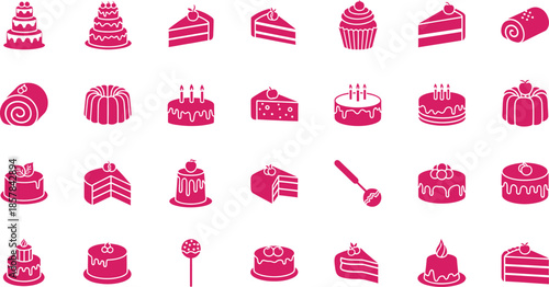 Collection of various cake and dessert icons in red color