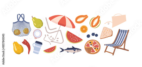 Summer Picnic Assortment With Fruits Food and Beach Gear, Vector illustration.