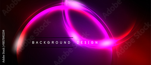 Abstract neon shapes overlap, creating vibrant background. Pink, purple, red hues dominate dark space. Text reads background design.