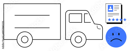 Delivery truck next to a document with a low customer star rating and sad face icon, representing poor delivery experiences and negative feedback. Ideal for logistics, customer satisfaction