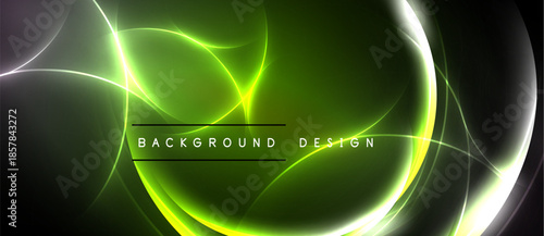 Abstract green neon lights form flowing curves. Dark background emphasizes bright energy, modern design elements present.