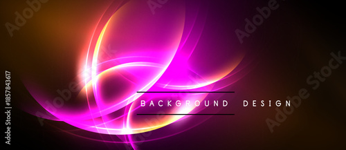 Bright abstract design features vibrant pink, orange glows. Swirling lines create dynamic energy, dark background enhances luminosity.