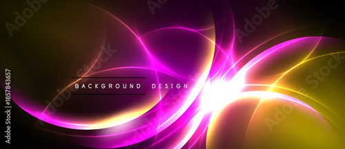 Abstract vibrant design. Swirling shapes, bright colors, dynamic energy. Dark background enhances luminosity, creating modern aesthetic.