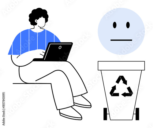 Digital detox, tech waste, minimalism, recycling, emotional expression, sustainability. A seated person with a laptop near a recycling bin and neutral emotion. Digital detox and tech waste concept