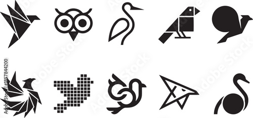Collection of geometrical linear logos of birds different kinds set design