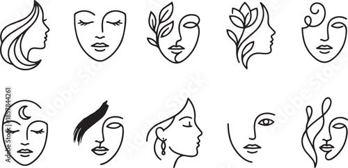 Abstract minimalist face logo line art drawing portrait feminine beauty concept