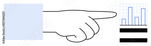 Outstretched hand pointing towards a bar chart with grid lines, with black horizontal stripes below. Ideal for data analysis, decision-making, guidance, direction, instruction, workflow process. A