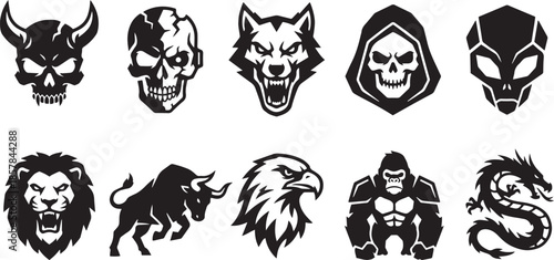 Vector graphics of various skulls animals and monsters for dark theme design