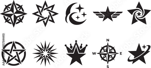 Stars symbols set with geometric shapes celestial abstract design isolated vector