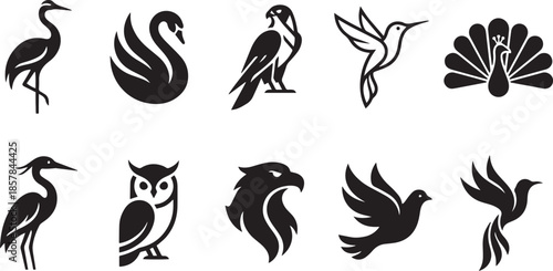 Set of bird silhouette icons collection swan crane eagle hummingbird peacock