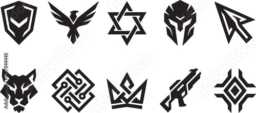 Shield eagle star crown cursor weapon head icon military logo design set