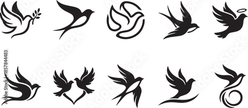 Collection of ten black and white bird silhouette vector icons flying in sky