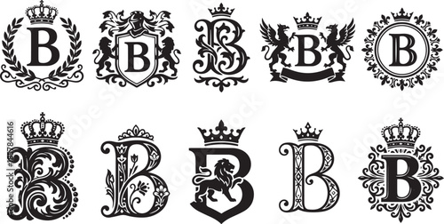 Luxury letter B heraldic logo template set ten designs on transparent background
