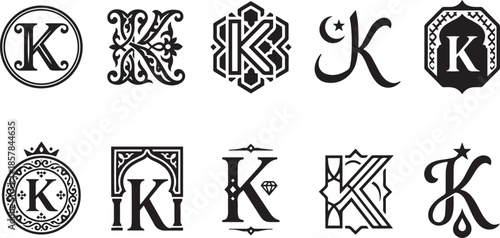 Luxury letter K heraldic logo template set ten designs on transparent background