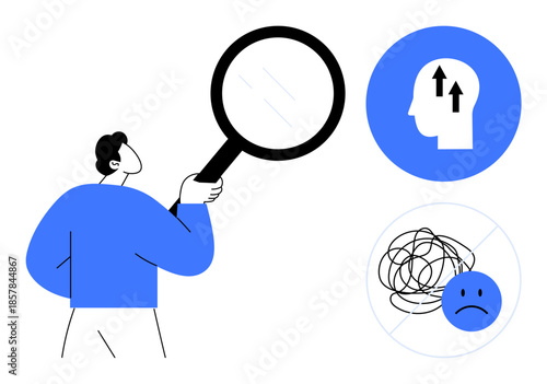 Mental health concept. Mental health ed by a person with a magnifying glass, a head growth, and a no-stress icon. Mental health for wellbeing, therapy, mindfulness, self-awareness, emotional