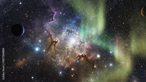 Colorful cosmic vista with nebulas, planets, and glittering stars