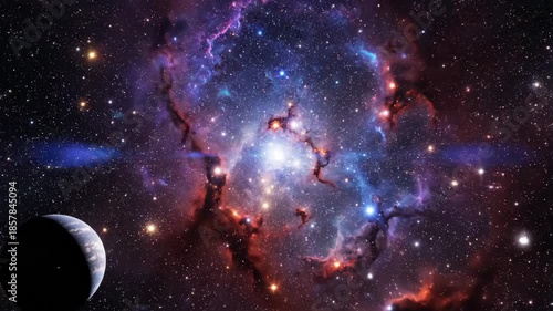 Colorful nebula scene with planet