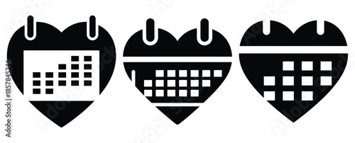 heart calendar silhouette icon set, black color and white background