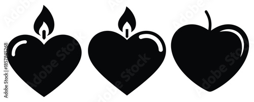 heart candle silhouette icon set, black color and white background